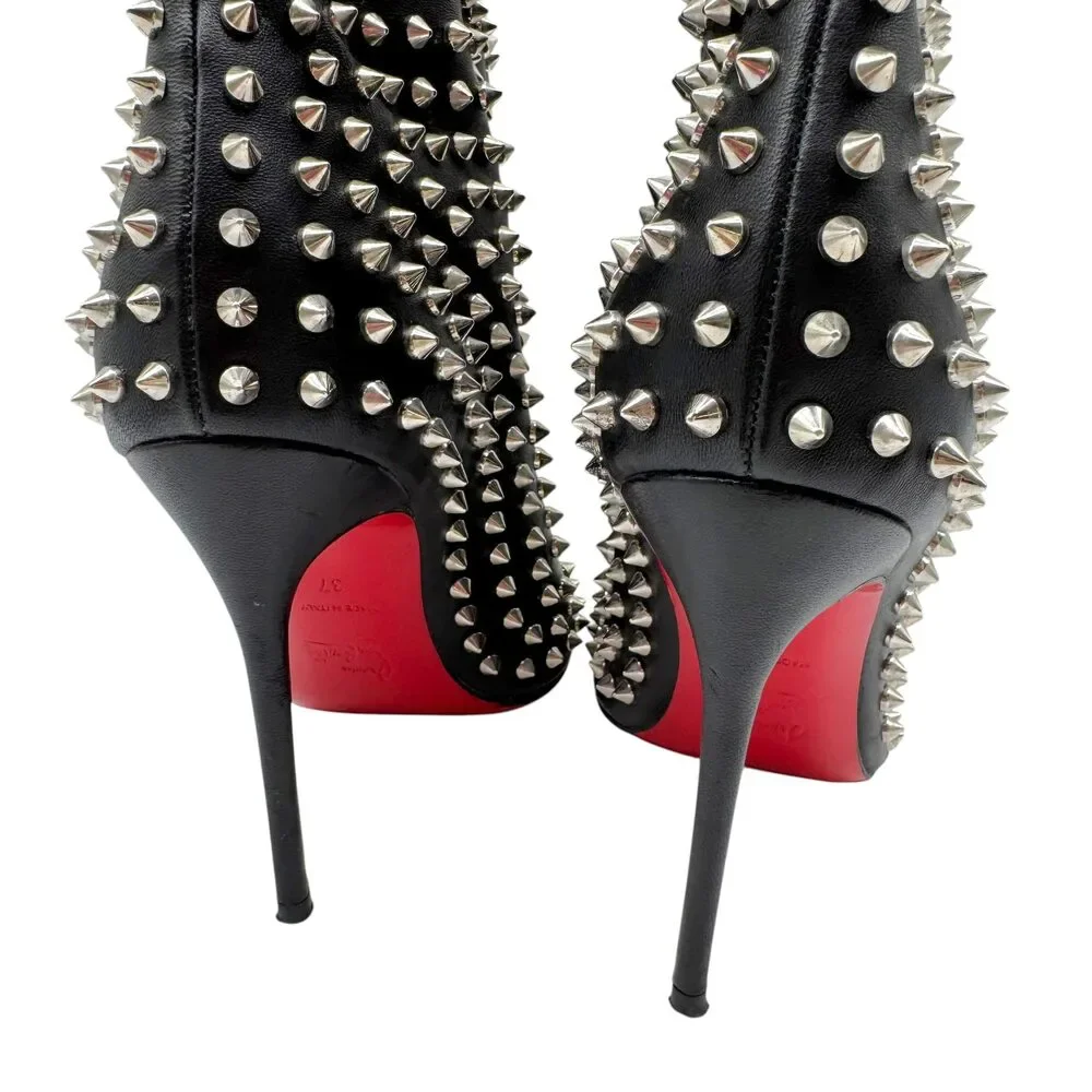 Christian Louboutin Black & Silver Spike Embellished Peep-Toe Heeled Booties